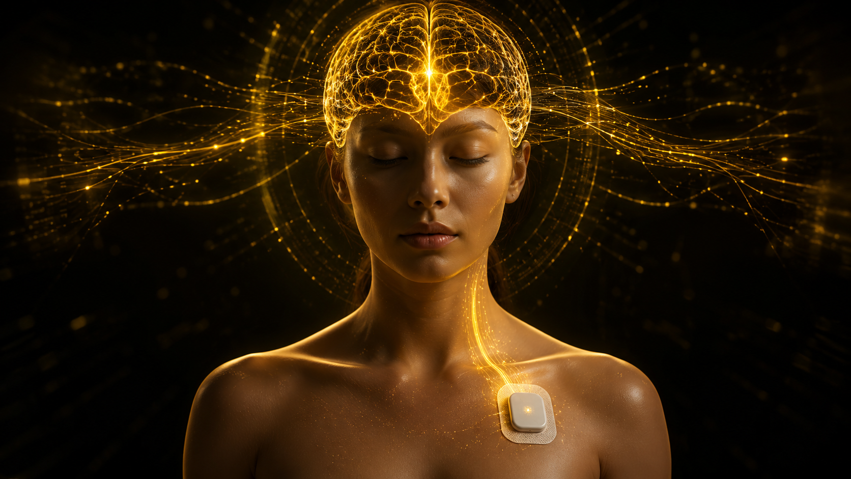 Conceptual depiction of a woman with glowing golden neural circuits around the head, representing brain–computer interfacing and a wearable device at the collarbone area.